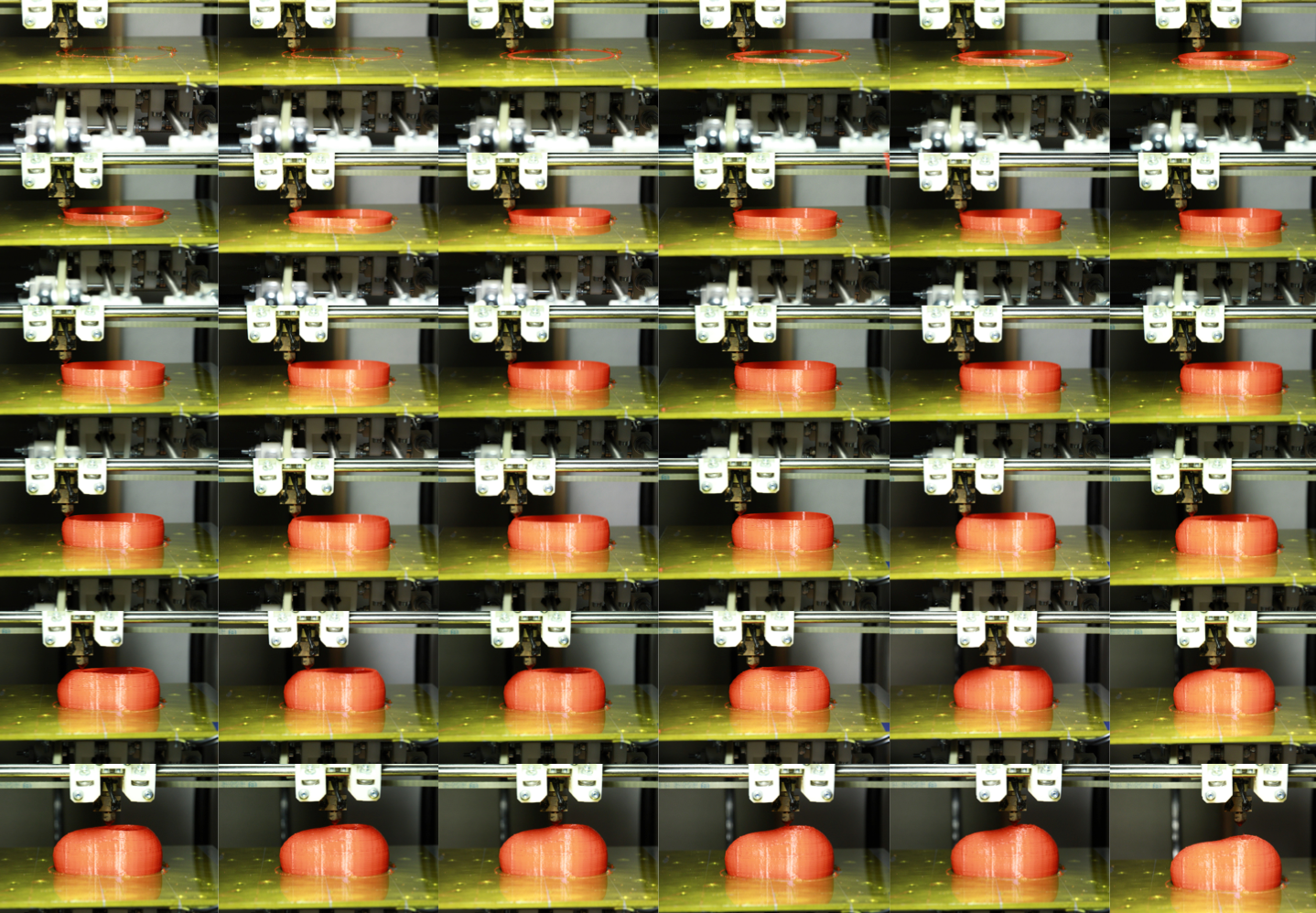 A grid of video stills of a 3D printer printing an orange instrument shell